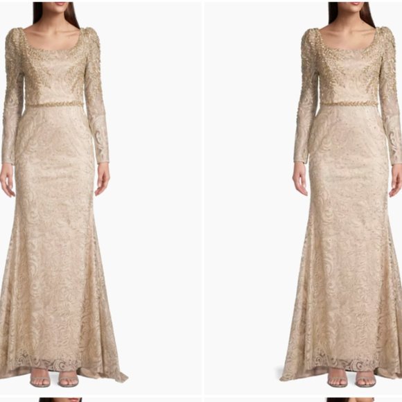 MAC DUGGAL 11187 EMBROIDERED APPLIQUE SHOULDER TRUMPET LIGHT GOLD GOWN sz 6 - Picture 6 of 6